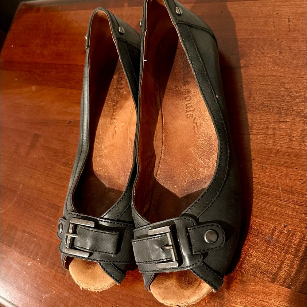 Gentle Souls Bless You Black Peep-Toe Flats with Buckle, 7.5 M